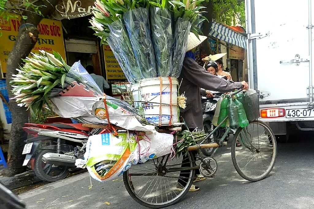Una bicicletta carica di gigli bianchi