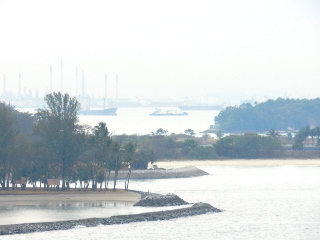 Ciminiere di una raffineria e petroliere ancorate nella foschia, al largo di Singapore.