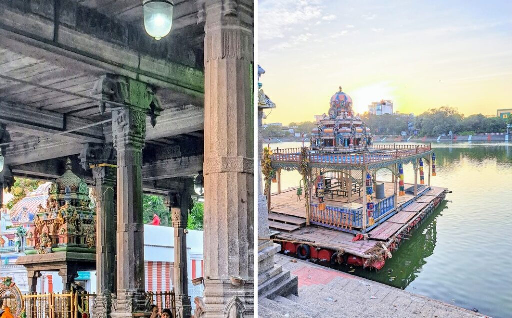L'ombra delle colonne di pietra e la zattera del Theppam sulla vasca sacra al tramonto