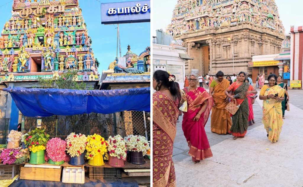 Bancarella di fiori sotto il gopuram di Murugan e donne in sari nel cortile del tempio