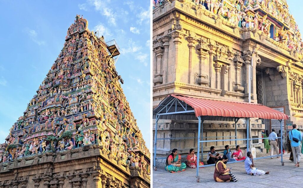 Il gopuram principale nella luce del tramonto e i fedeli seduti ai suoi piedi