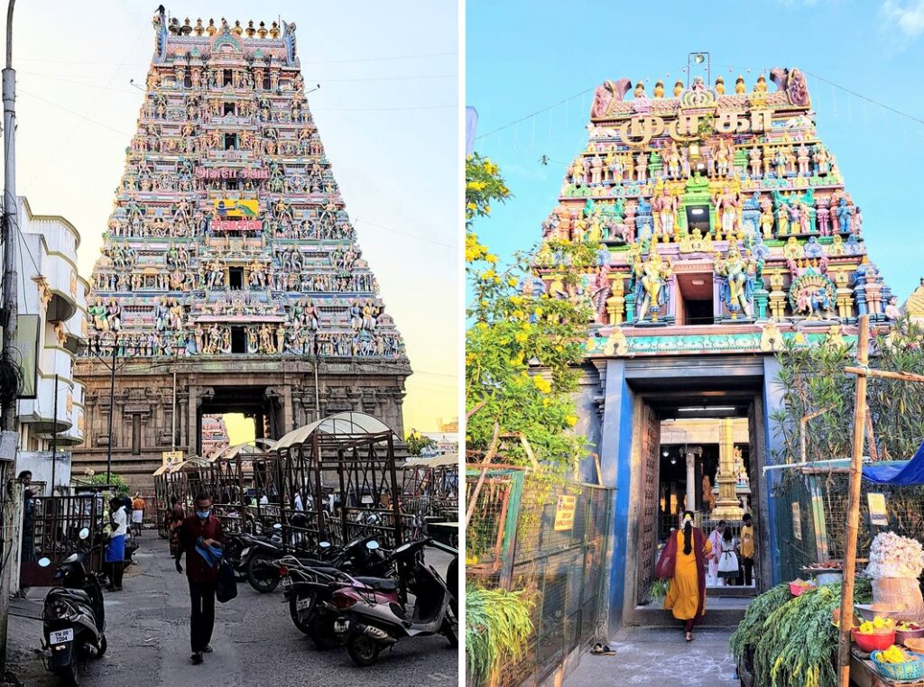 Il gopuram visto dalla strada di Mylapore; una donna in sari giallo entra nel tempio